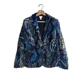 Chicos Blazer Womens S Blue Velvet Paisley Print Button Front Jacket Boho Dressy